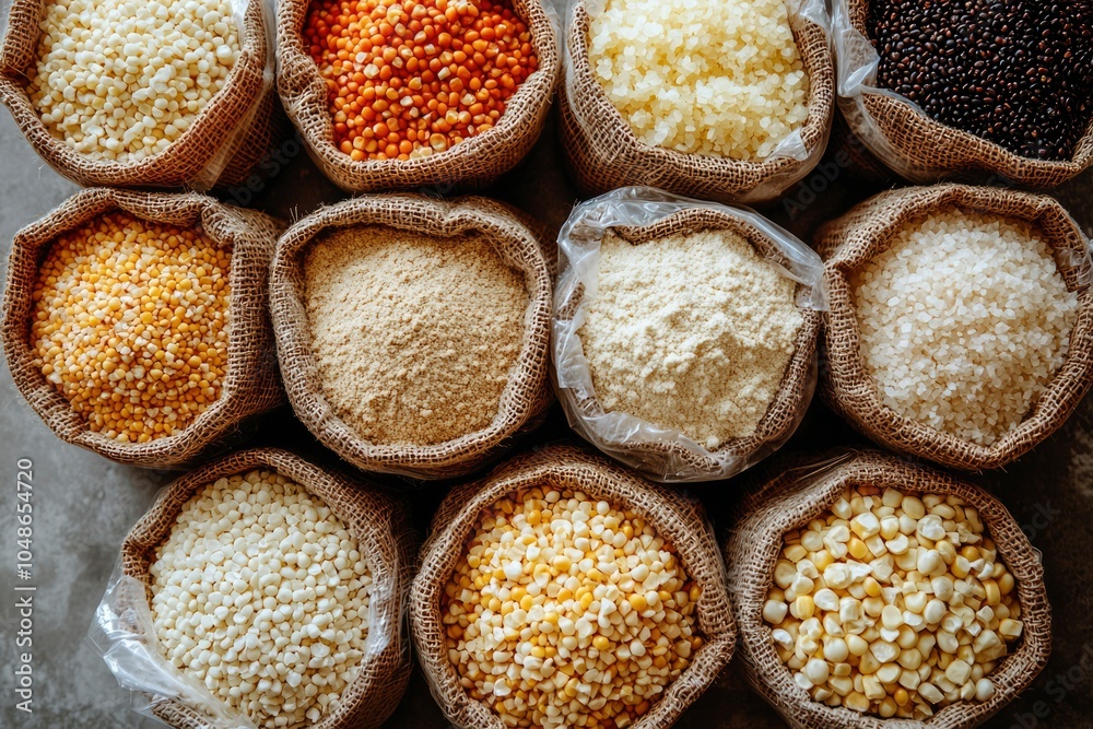 A Collection of Grains and Seeds in Burlap Sacks A Collection of Grains and Seeds in Burlap Sacks