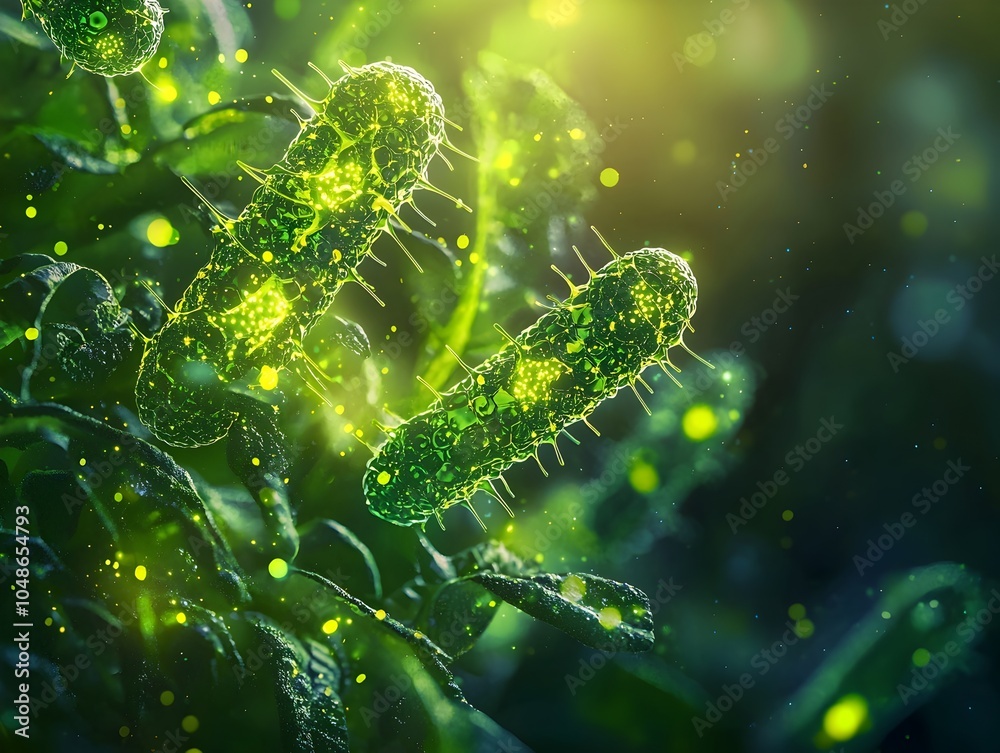 Fototapeta premium Glowing Bioengineered Bacteria Producing Green Renewable Energy in Eco Friendly Biotechnology Concept