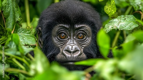 Baby gorilla close-up portrait peeking through jungle foliage, curious eyes, lush green rainforest background, natural habitat, soft bokeh, detailed fur texture.