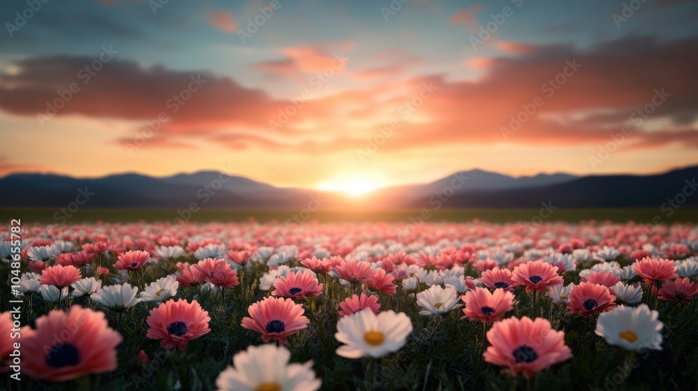 Fototapeta premium A field of brightly colored flowers bursts into bloom as the sun sets, casting a vibrant glow across the landscape.