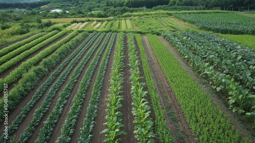 Aerial drone view of sustainable polyculture and permaculture crop fields, showcasing biodiverse farming practices for a thriving ecosystem and healthy agriculture photo