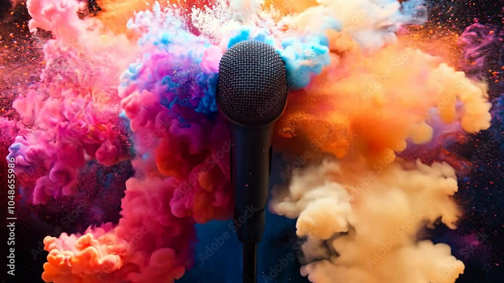 A microphone is in front of a colorful explosion. The microphone is pointing towards the explosion, as if it is capturing the sound of the explosion. The explosion is colorful and vibrant