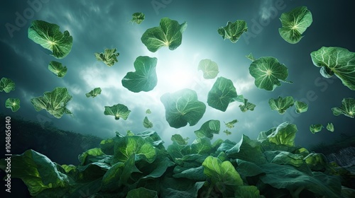 A surreal scene where spinach leaves float in mid-air like magical, oversized butterflies, set against a dreamy, starry sky. photo