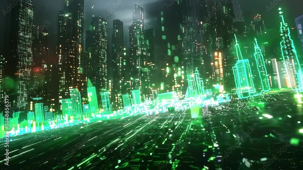 A cityscape with a green background and a green line. The city is lit up with neon lights