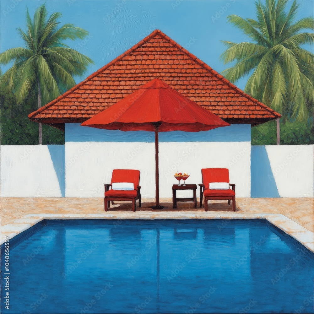 A serene poolside scene with red umbrellas and palm trees. A serene poolside scene with red umbrellas and palm trees.