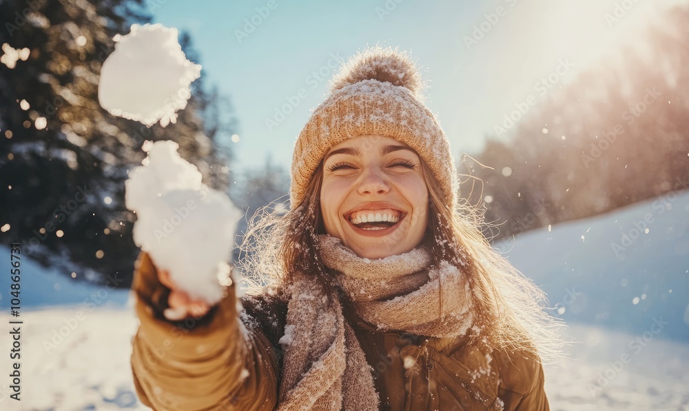 Smiling woman throwing snow in the air at sunny winter day Smiling woman throwing snow in the air at sunny winter day