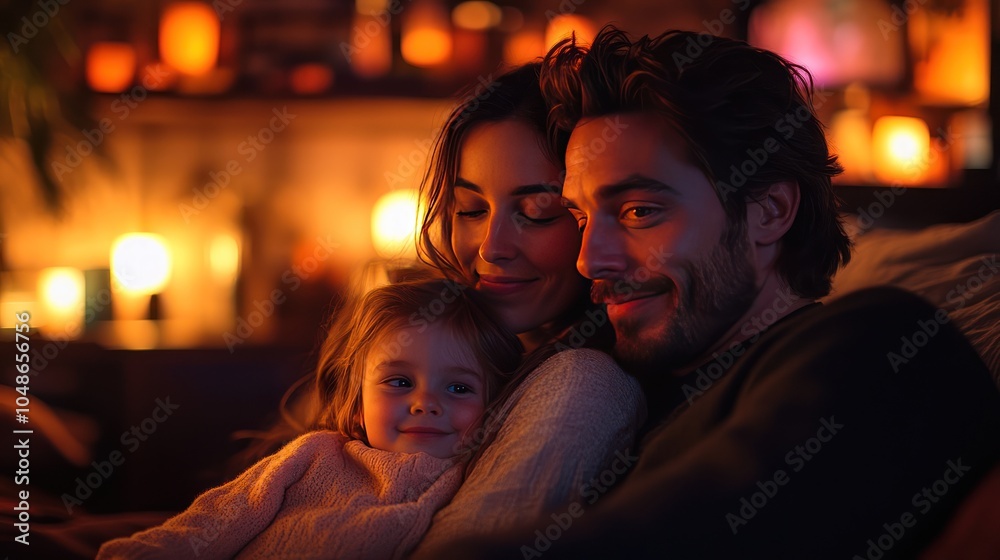A family enjoying a peaceful evening in their living room, with soft lighting symbolizing safety and security, and a subtle glow highlighting their happiness.