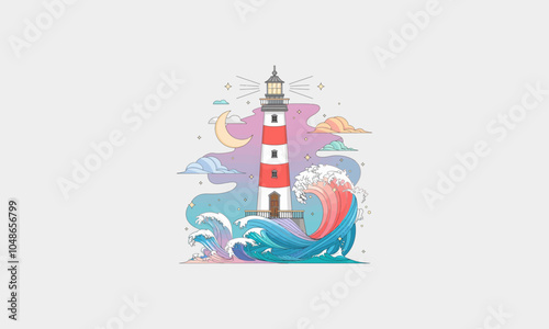 Lighthouse surrounded by ocean waves under the night sky.