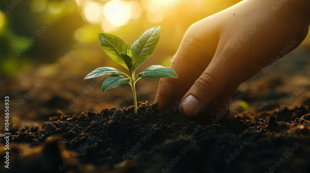 Fototapeta premium A hand gently cradles a young sapling planted in rich, dark soil, with the sun shining brightly in the background