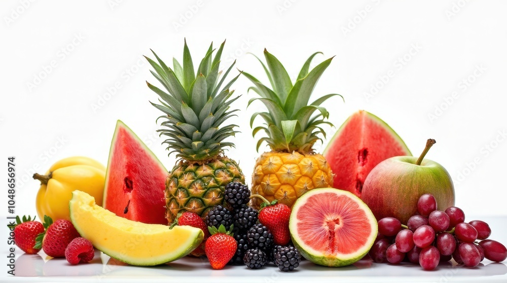 A high-resolution image showcases a variety of fruits that do not grow on trees, artfully arranged on a surface. A high-resolution image showcases a variety of fruits that do not grow on trees, artfully arranged on a surface.