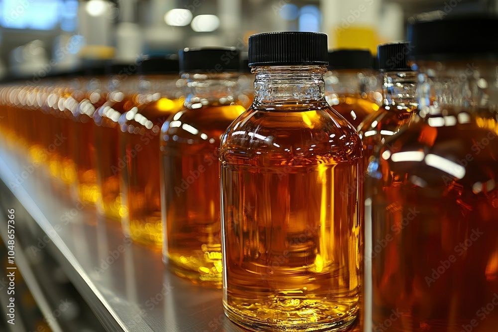 A Row of Amber-Filled Bottles with Black Caps A Row of Amber-Filled Bottles with Black Caps