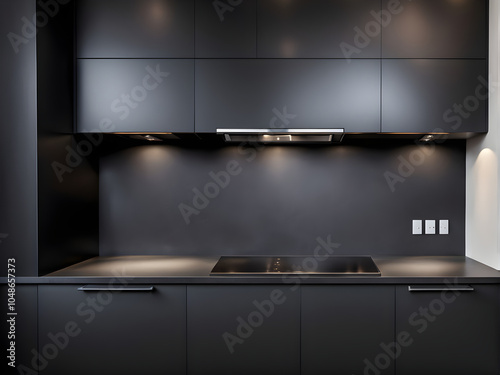 modern kitchen unit with black worktop and backsplash