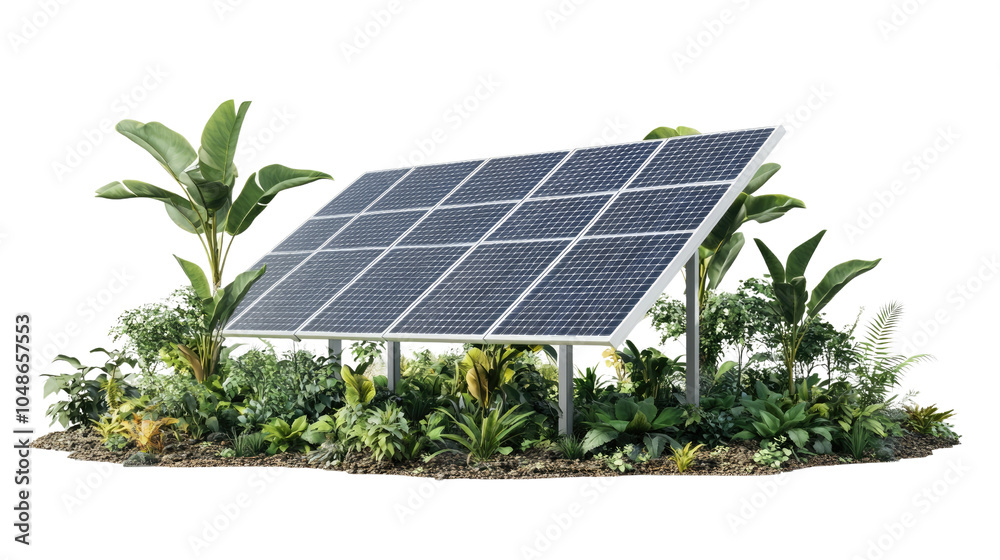 Fototapeta premium A vibrant scene of solar panels on lush green grass under a bright blue sky, showcasing renewable energy and a clean environment