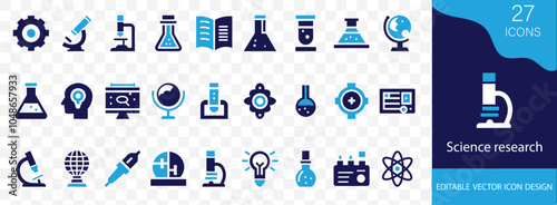 Science research solid  icon set. 