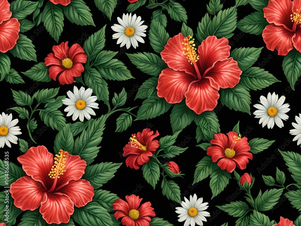 wallpaper representing, on a black background, hibiscus and daisies. Harmonious and beautiful ensemble. wallpaper representing, on a black background, hibiscus and daisies. Harmonious and beautiful ensemble.