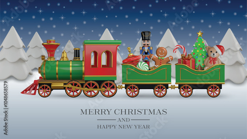 christmas card with 3d steam train and realistic christmas decorations. christmas background with 3d toys and sweets inside the carriages of a toy train