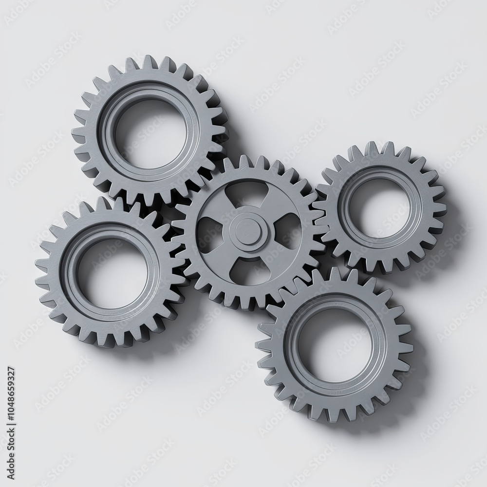 Five interlocking gray gears on a white isolated background.