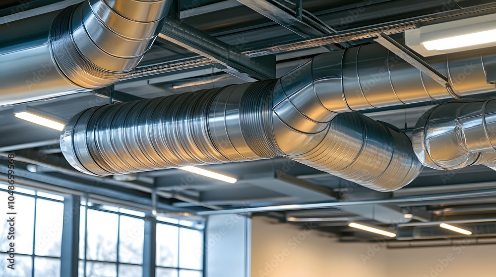 Obraz premium Industrial ceiling with ventilation ducts, stainless steel pipes, modern HVAC system, metallic reflections, bright fluorescent lighting, clean technical design.