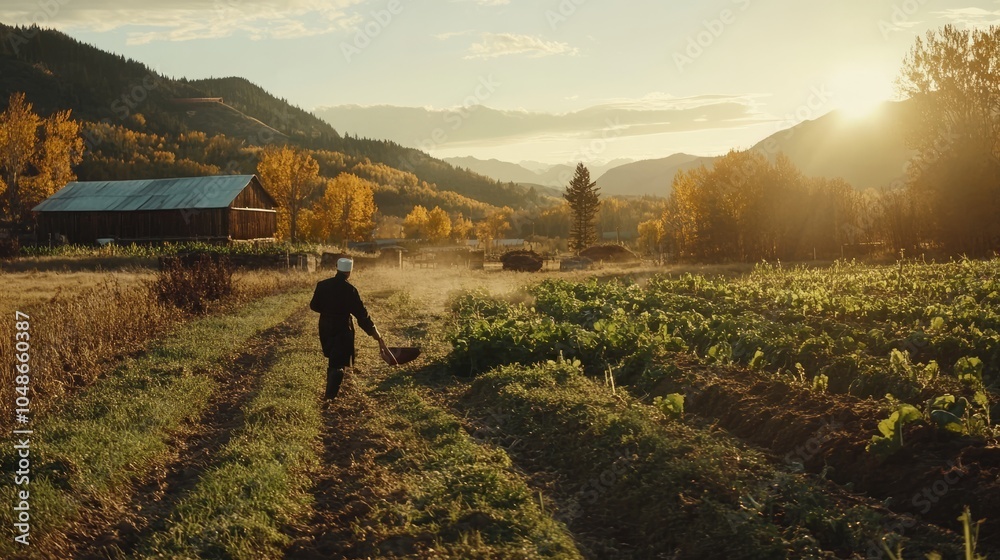Fototapeta premium Organic farming - anonymous chef harvesting fresh vegetables on a lush green farm with ripe produce, sustainable agriculture practices, and eco-friendly growing techniques in a rural countryside setti