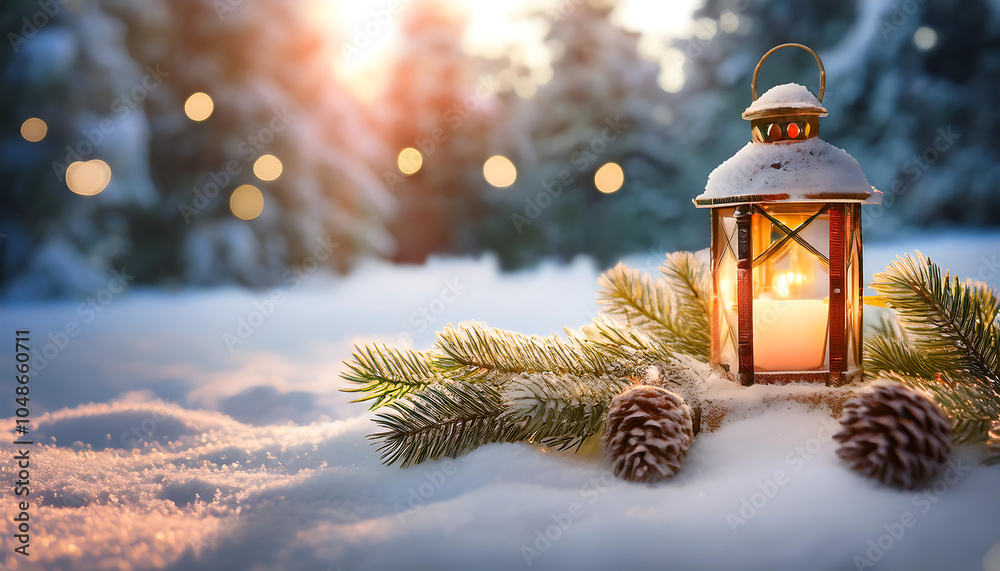 Fir branches adorn Christmas lanterns on snow with sunlight illuminating a peaceful winter _1(206) Fir branches adorn Christmas lanterns on snow with sunlight illuminating a peaceful winter _1(206)