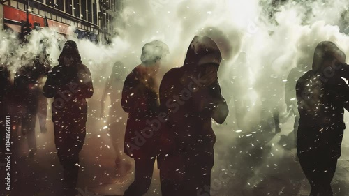 Tear Gas Filling the Air: Protesters coughing and covering their faces as tear gas fills the air