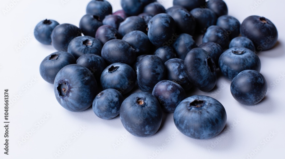 A small handful of fresh blueberries is scattered randomly on a white surface, showcasing their rich blue and purple hues. A small handful of fresh blueberries is scattered randomly on a white surface, showcasing their rich blue and purple hues.