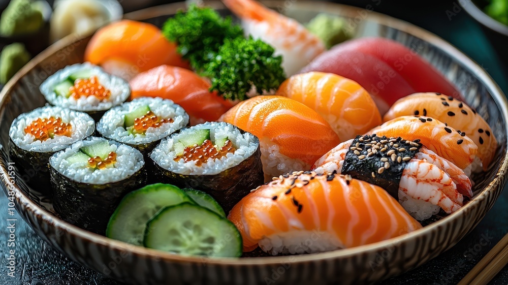 A vibrant assortment of sushi, featuring various rolls and fresh fish on a plate, garnished with vegetables and wasabi. A vibrant assortment of sushi, featuring various rolls and fresh fish on a plate, garnished with vegetables and wasabi.