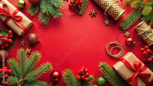 A Festive Christmas Background Featuring Wrapped Presents, Evergreen Branches, Red Berries, and Golden Stars on a Red Background