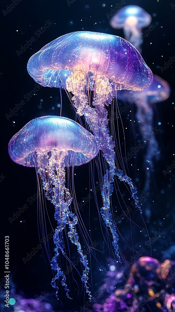 Jellyfish Glows Radiantly in a Dark, Tranquil Underwater Setting Jellyfish Glows Radiantly in a Dark, Tranquil Underwater Setting