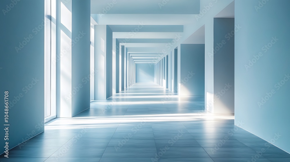 Fototapeta premium Modern architectural corridor with triangular geometry, soft blue tones, natural light streams, minimalist design, symmetrical perspective, infinite view.