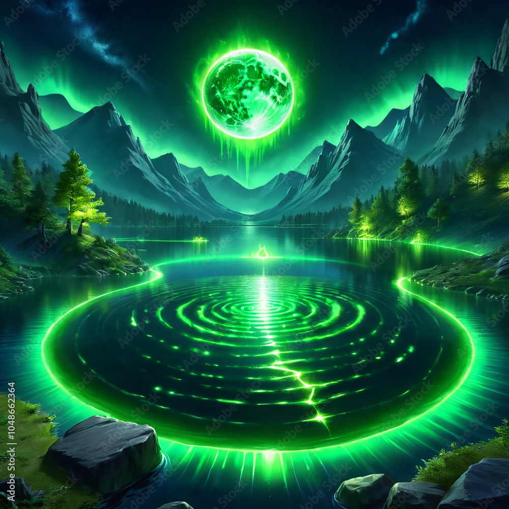 Fototapeta premium A glowing green moon hangs in the night sky above a still lake surrounded by mountains and trees. The moons light bathes the scene in a vibrant green hue, creating a magical and ethereal atmosphere.