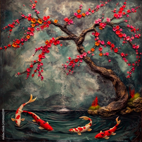  koi fish pond with cherry tree, 3d illustration