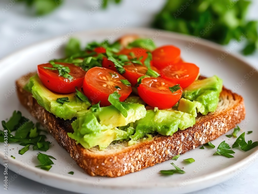 Avocado toast with tomatoes and parsley healthy breakfast food Avocado toast with tomatoes and parsley healthy breakfast food