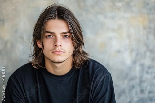 Striking Studio Portrait of a Handsome Young Man With Long Hair, Gazing Thoughtfully