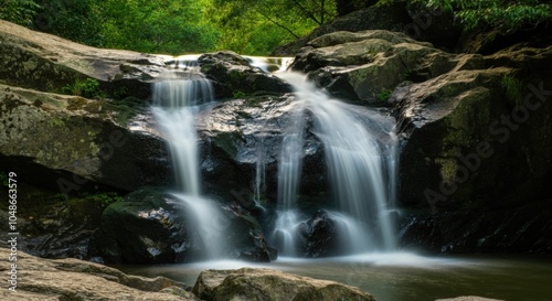 Tranquil waterfall in a lush green forest (press enter key here)