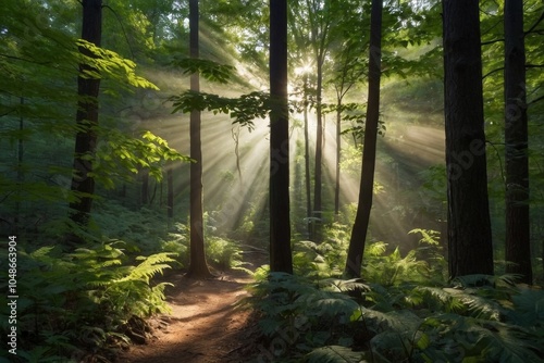 just rays of the sun, making their way from above through the foliage of trees in the forest