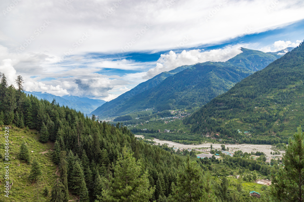 View of mountains and valleys of manali and beas river near Jogini waterfall in Himachal Pradesh India. View of mountains and valleys of manali and beas river near Jogini waterfall in Himachal Pradesh India.