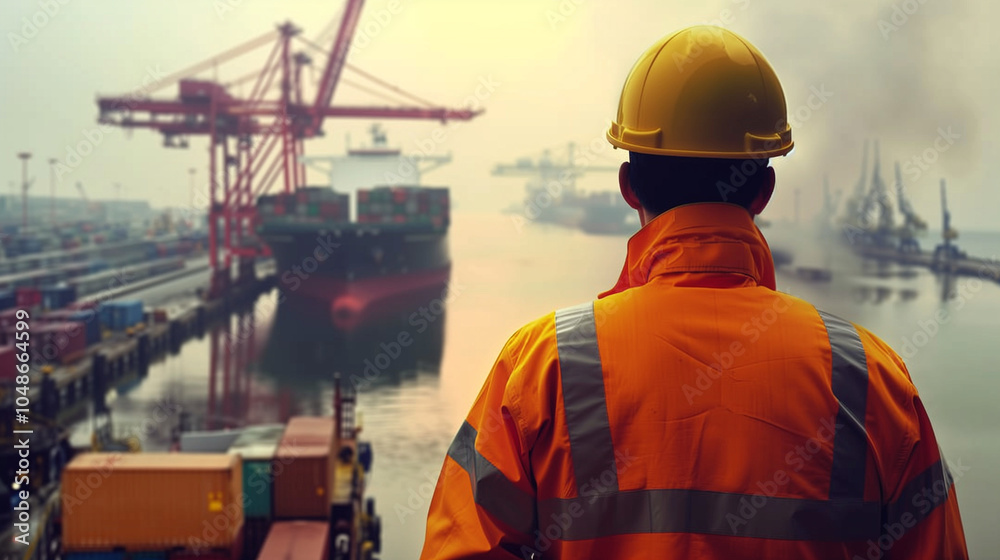Port Strike Symbolism: Dock Worker's Silhouette Against Busy Harbor Backdrop. Port Strike Symbolism: Dock Worker's Silhouette Against Busy Harbor Backdrop.