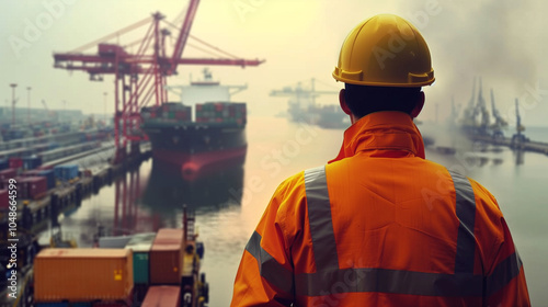 Port Strike Symbolism: Dock Worker's Silhouette Against Busy Harbor Backdrop.