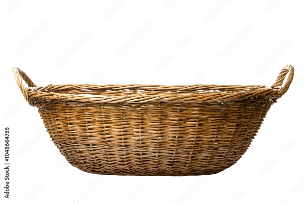 Obraz premium Rustic Woven Wicker Basket with Handles on White Background