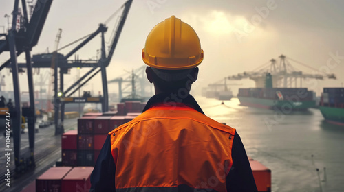 Port Strike Symbolism: Dock Worker's Silhouette Against Busy Harbor Backdrop.