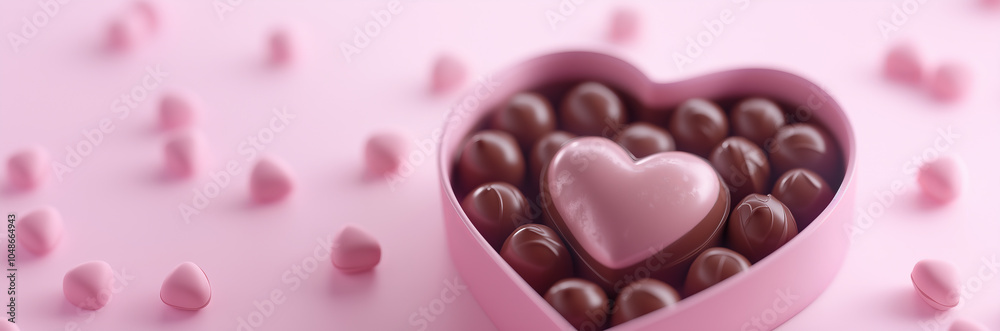 Fototapeta premium Open heart shaped candy box full of delicious sweet chocolate candies bonbons inside, pastel pink color blank empty copy space background. Saint Valentine's Day concept banner greeting card.
