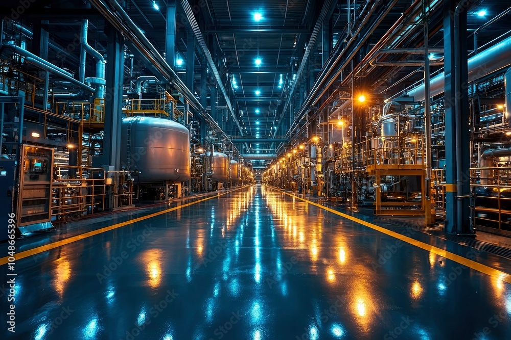 Industrial Factory Interior with Pipelines, Tanks, and Lights