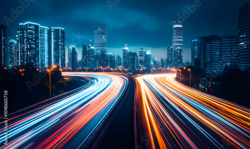 Blue light trails, the speed of data transfer in the digital world, a futuristic technology background