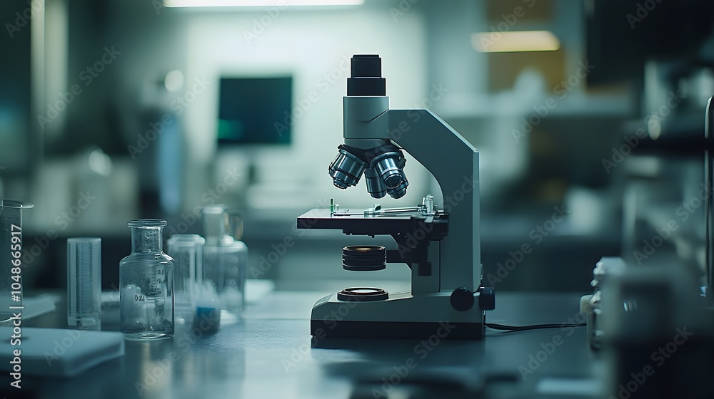 Laboratory microscope, scientific research equipment, blurred scientists, medical lab setting, clinical research, modern instruments, professional facility. Laboratory microscope, scientific research equipment, blurred scientists, medical lab setting, clinical research, modern instruments, professional facility.