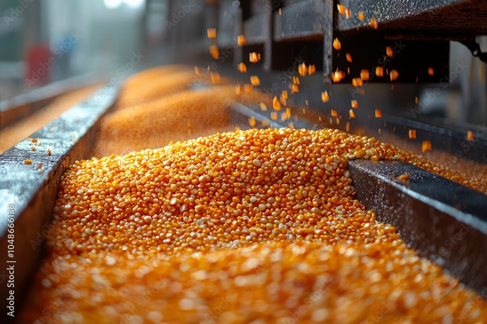 Corn Kernels Falling onto a Conveyor Belt in a Processing Plant Corn Kernels Falling onto a Conveyor Belt in a Processing Plant