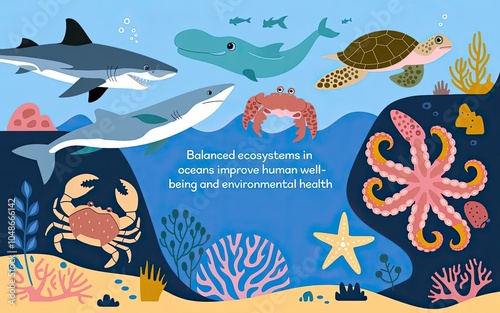 A colorful underwater scene featuring various sea creatures like sharks, turtles, crabs, and an octopus, emphasizing ocean health and its impact on human well-being. photo