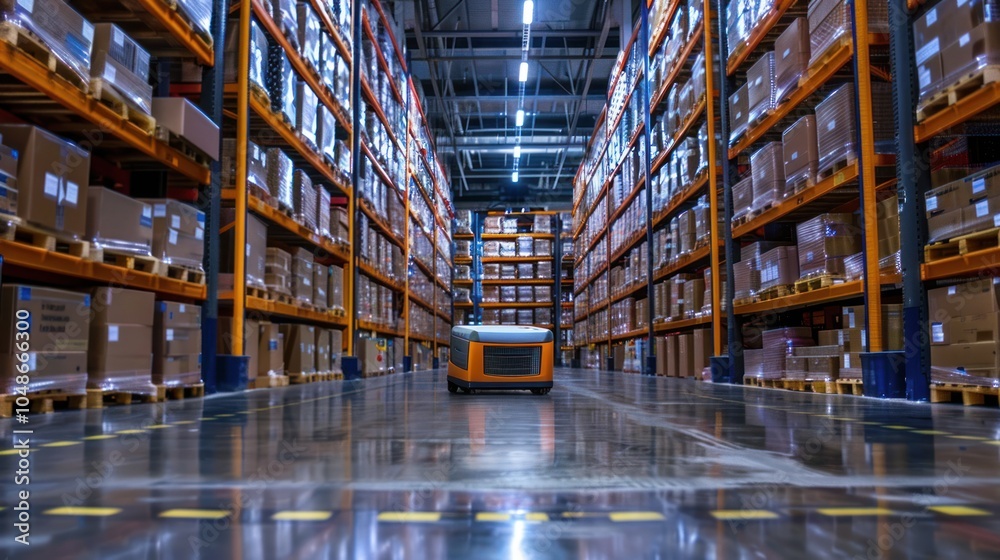 Fototapeta premium Automated Guided Vehicle in a Warehouse with Pallets and Shelving