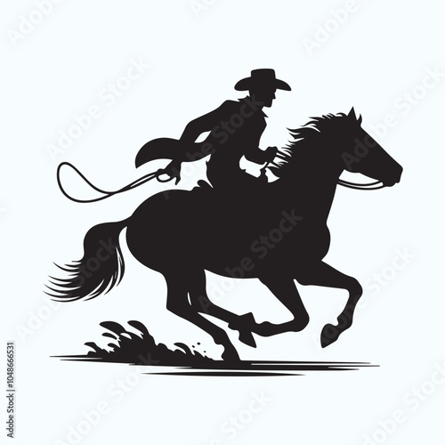 Cowboy riding horse logo, Cowboy riding horse silhouette vector icon black and white full body