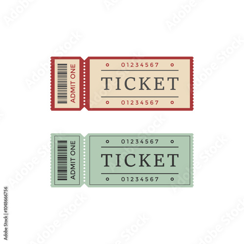 Two tickets with a tear-off part. Vector illustration of different tickets with a barcode image and the inscriptions: ticket, admit one, number